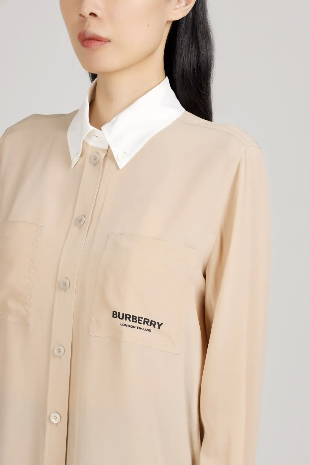 BURBERRY Women Anette Silk Long Sleeves Shirt in Soft Fawn 4