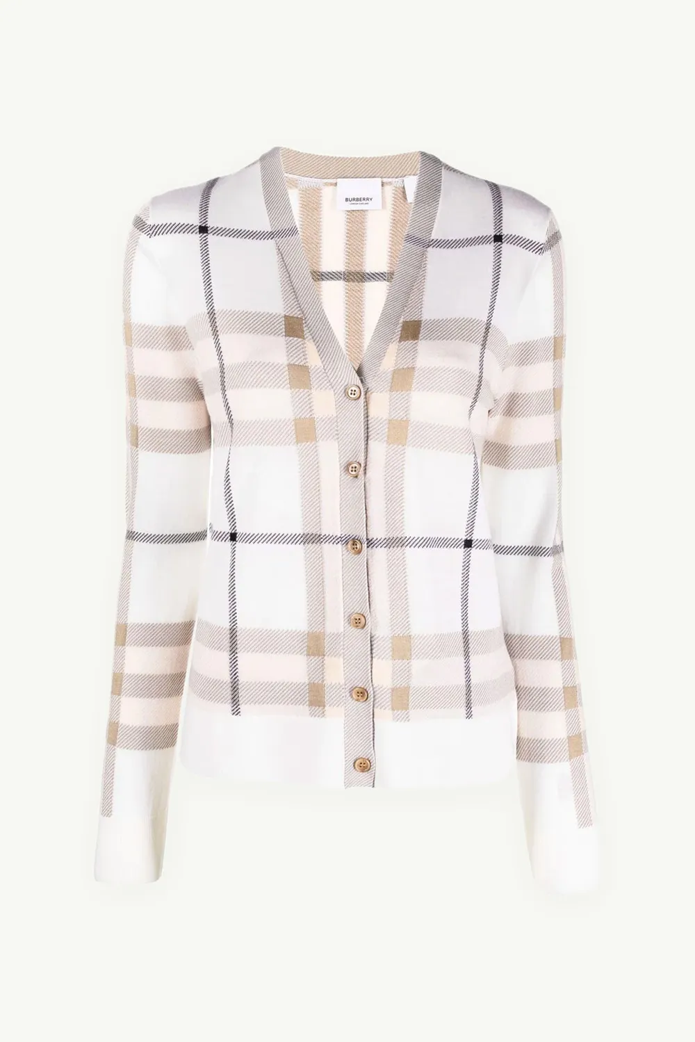 BURBERRY Women Check Intarsia Wool Silk Cotton Cardigan in Beige 0
