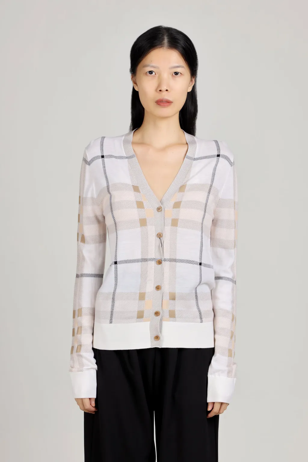BURBERRY Women Check Intarsia Wool Silk Cotton Cardigan in Beige 1