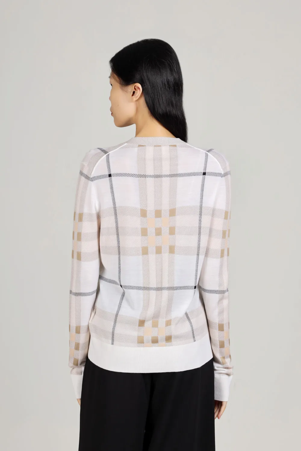 BURBERRY Women Check Intarsia Wool Silk Cotton Cardigan in Beige 2