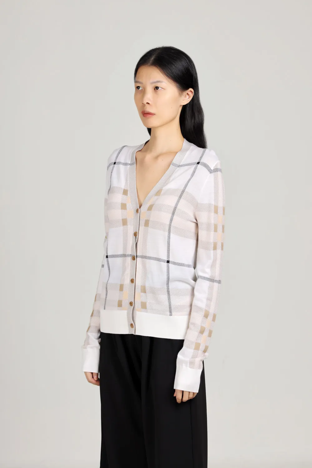 BURBERRY Women Check Intarsia Wool Silk Cotton Cardigan in Beige 3