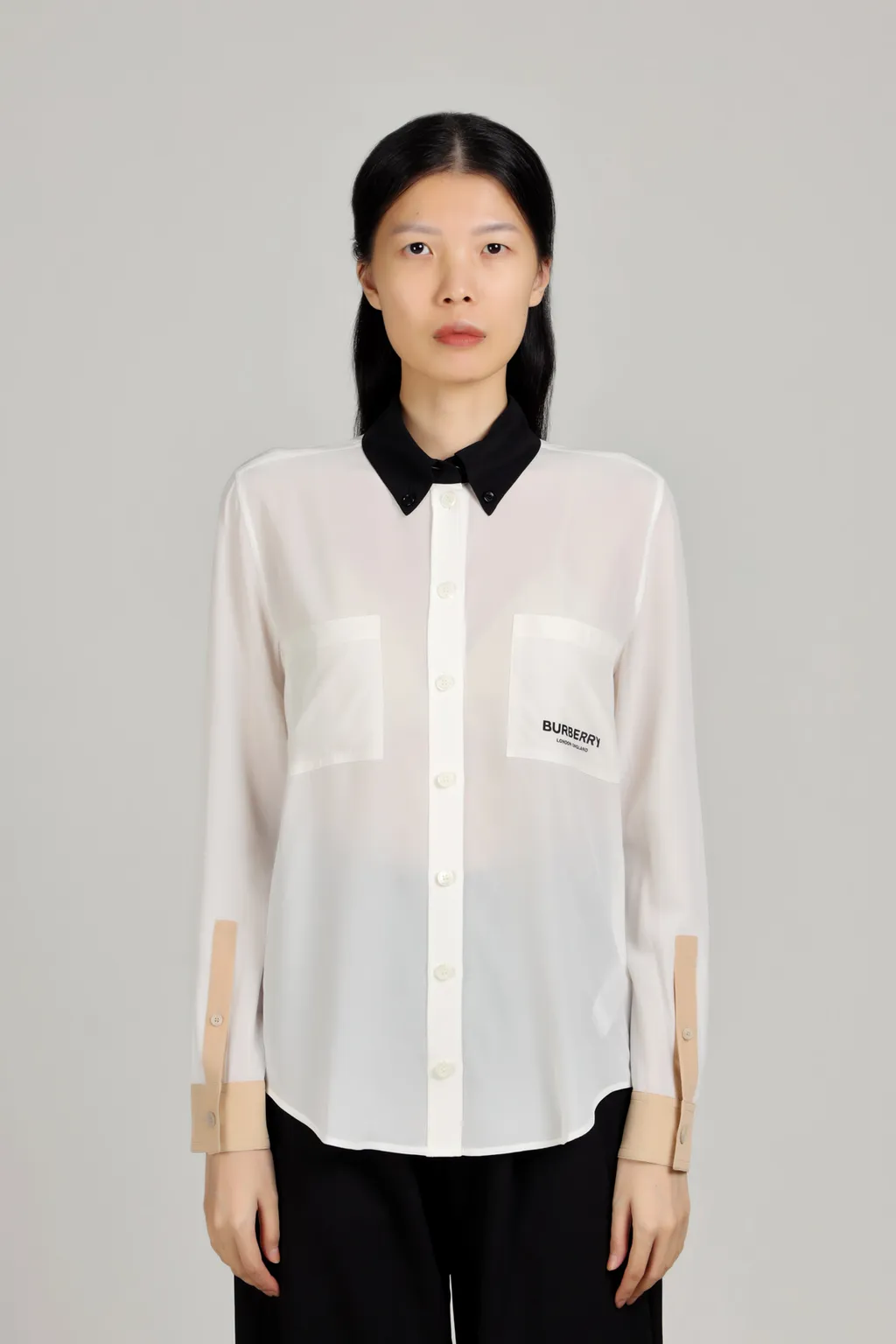 BURBERRY Women Logo Detail Silk Crepe De Chine Long Sleeves Shirt in Natural White 1