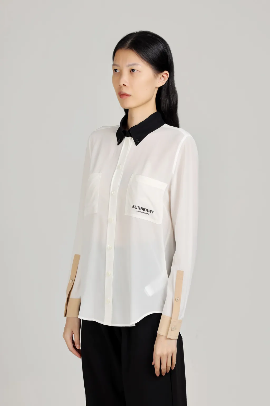 BURBERRY Women Logo Detail Silk Crepe De Chine Long Sleeves Shirt in Natural White 3