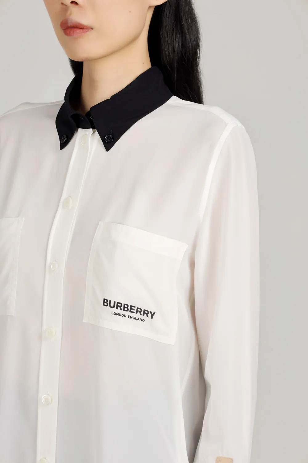 BURBERRY Women Logo Detail Silk Crepe De Chine Long Sleeves Shirt in Natural White 4