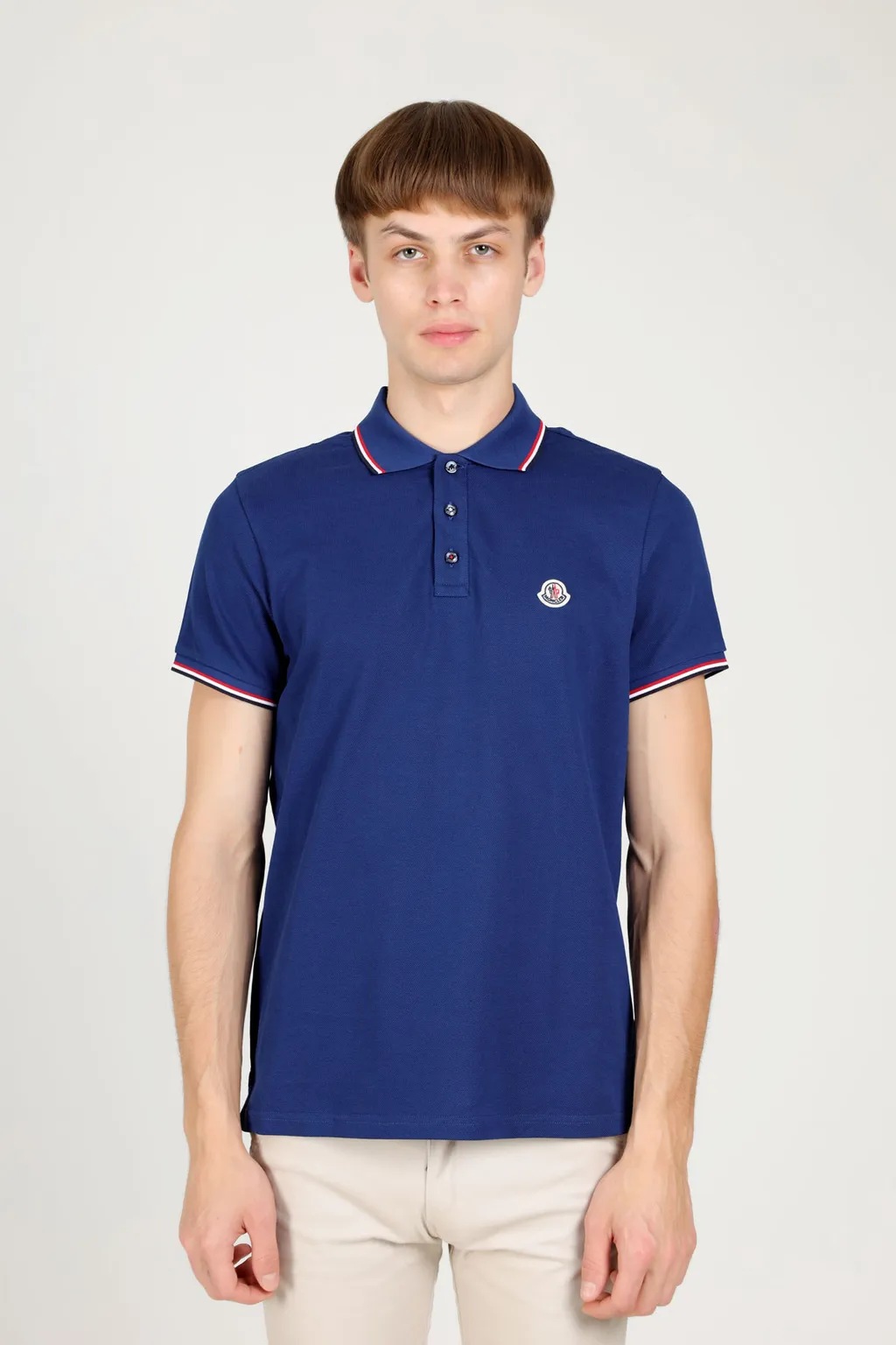 MONCLER Men Logo Stripe Pique Polo Shirt in Indigo Blue 1