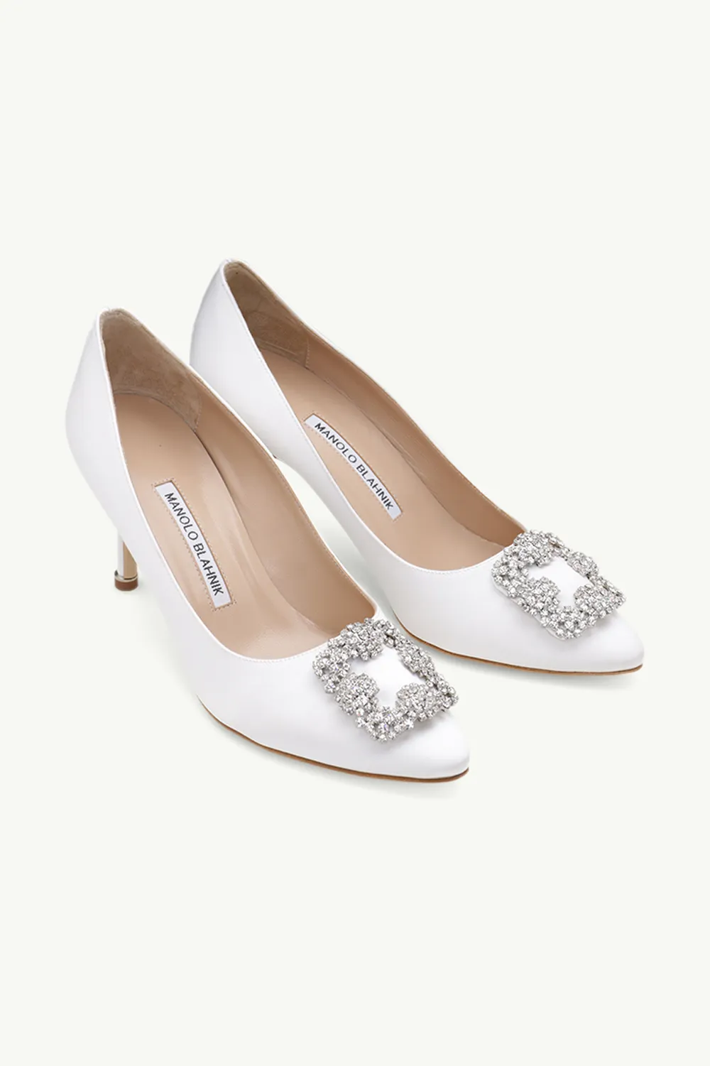 MANOLO BLAHNIK Hangisi 7cm Pumps in Light Cream Satin with White Crystal 1