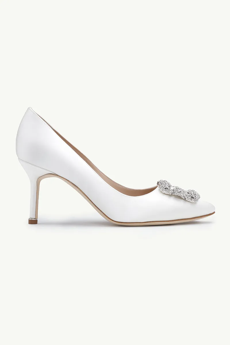 MANOLO BLAHNIK Hangisi 7cm Pumps in Cream Satin with White Crystal 0