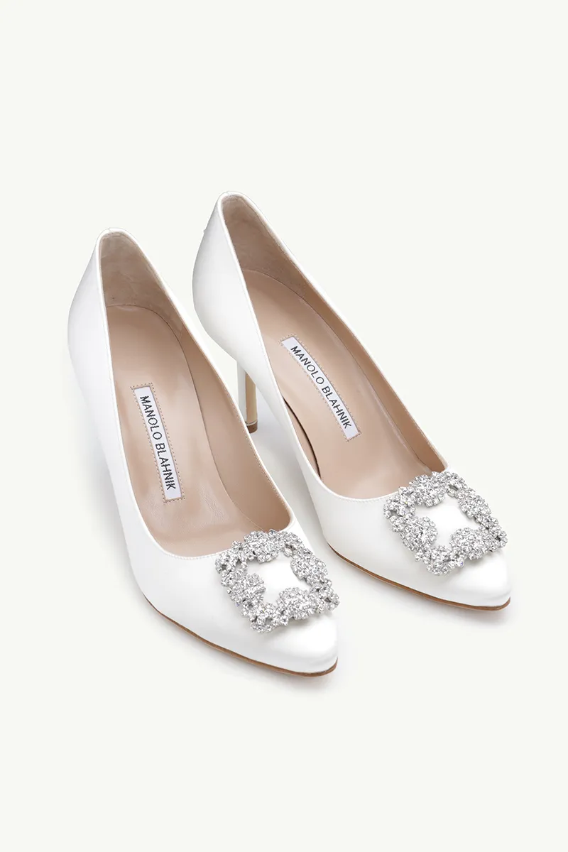 MANOLO BLAHNIK Hangisi 7cm Pumps in Cream Satin with White Crystal 1