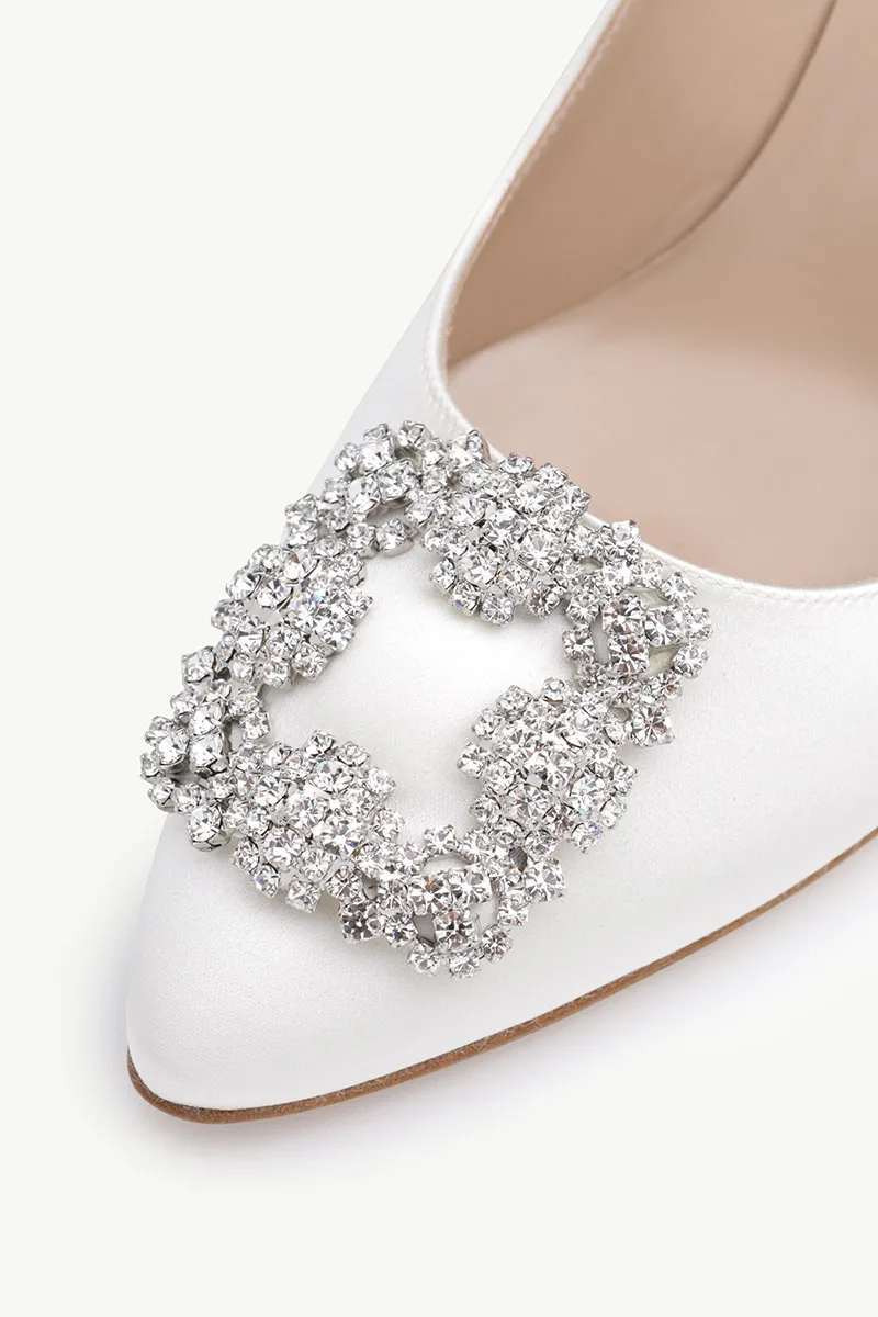 MANOLO BLAHNIK Hangisi 7cm Pumps in Cream Satin with White Crystal 4