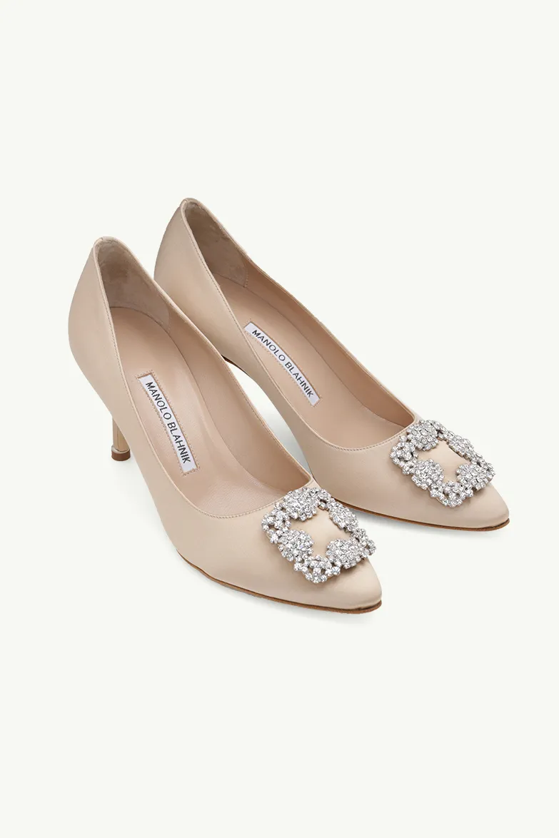 MANOLO BLAHNIK Hangisi 7cm Pumps in Nude Satin with White Crystal 1