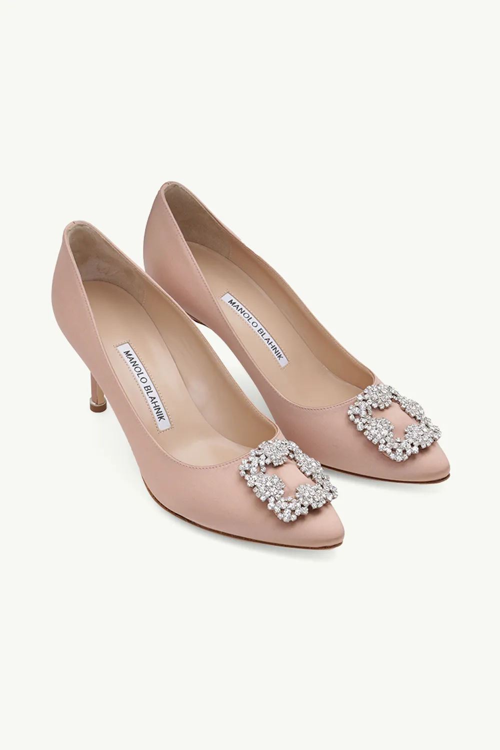 MANOLO BLAHNIK Hangisi 7cm Pumps in Champagne Satin with White Crystal 1