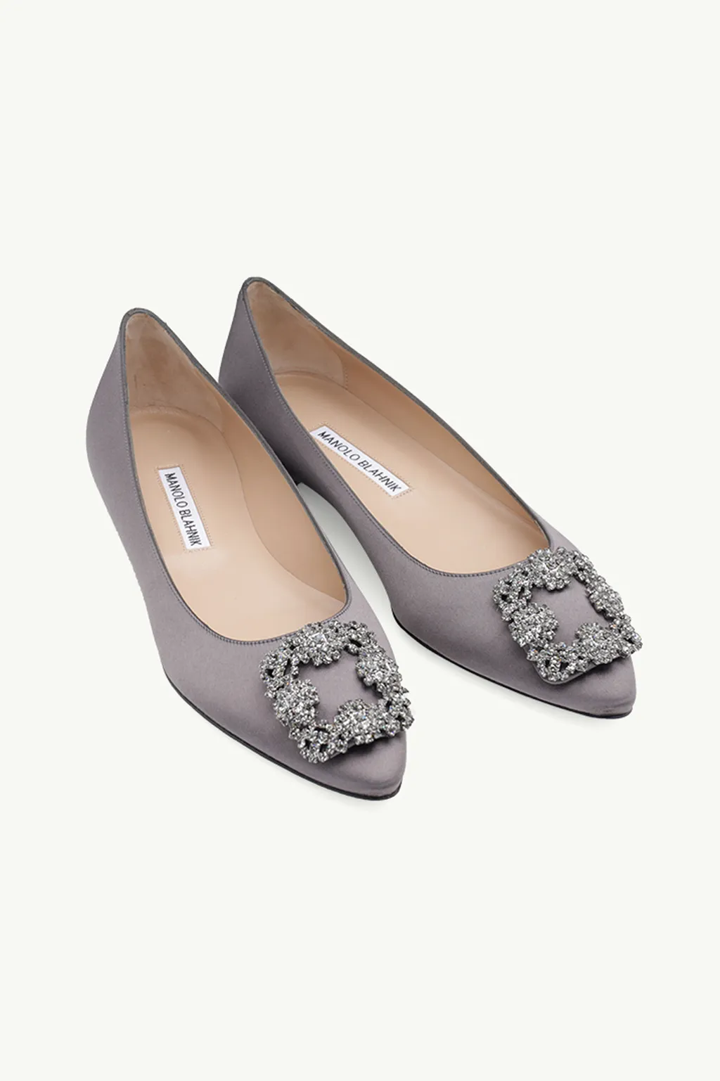 MANOLO BLAHNIK Hangisi Ballerina in Dark Grey Satin with Dark Crystal 1