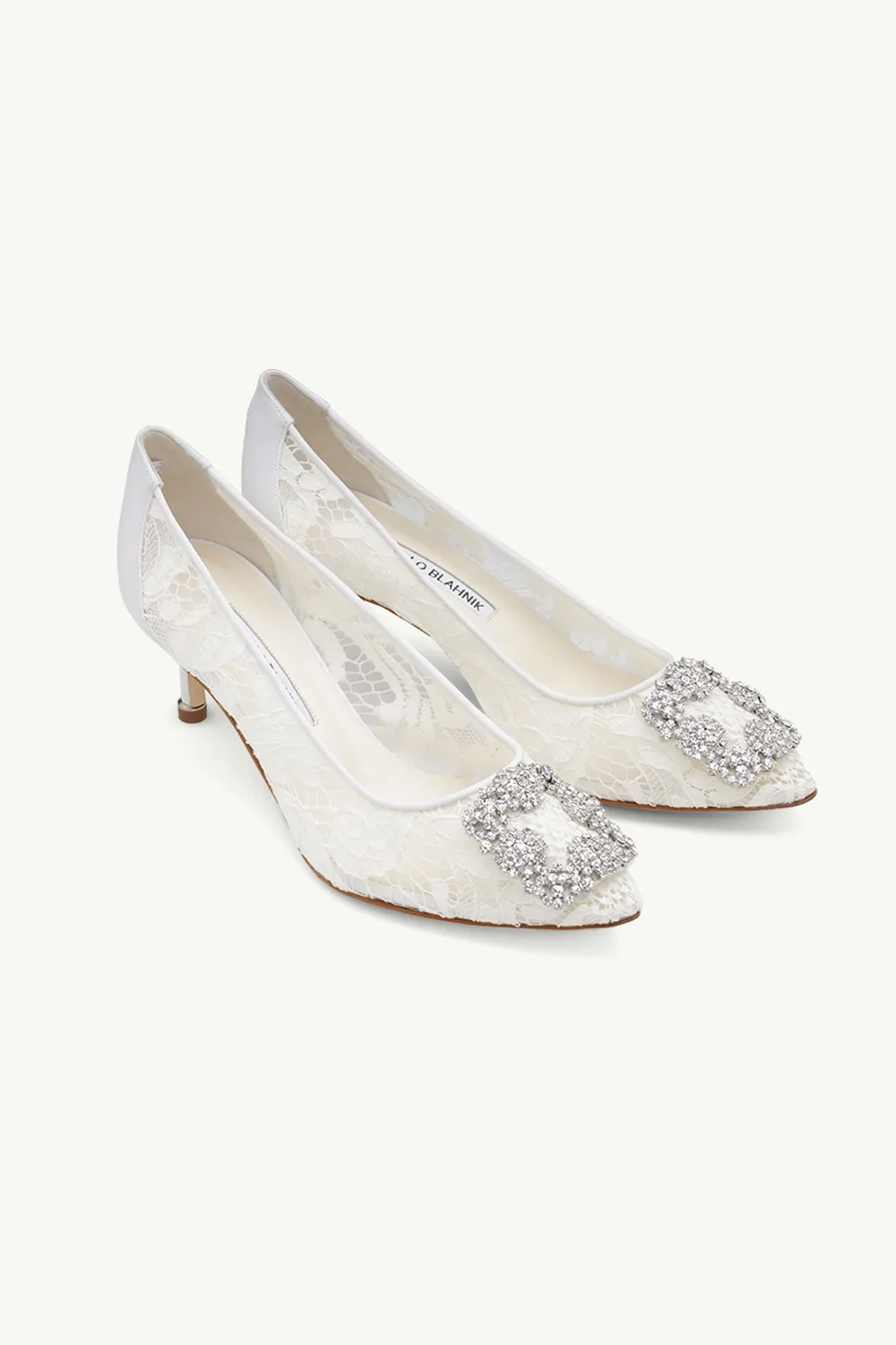 MANOLO BLAHNIK Hangisi Lace Pumps 5cm in Cream with White Crystal 1