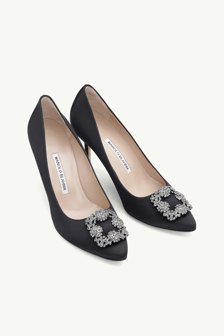 MANOLO BLAHNIK Hangisi 9cm Pumps in Black Satin with Dark Crystal 1