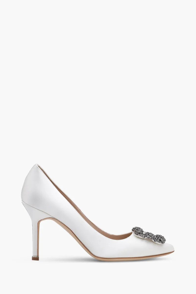 MANOLO BLAHNIK Hangisi 9cm Pumps in Cream Satin with Dark Crystal 0