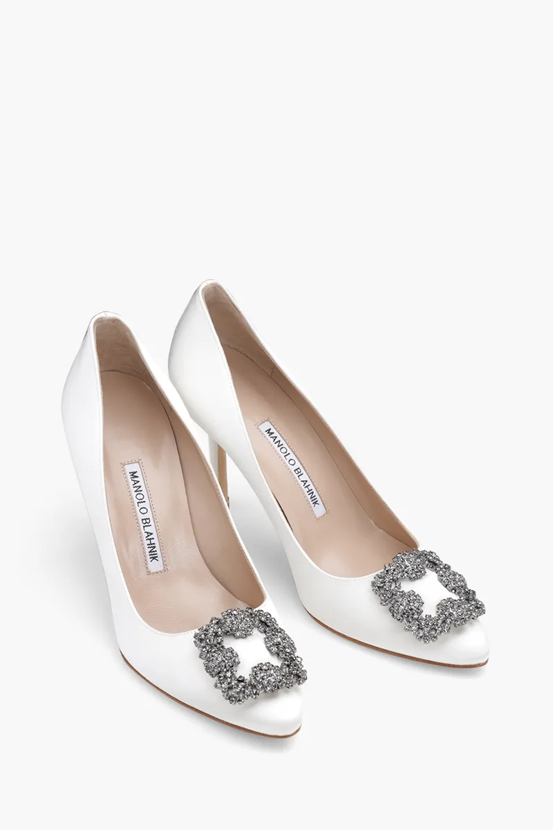 MANOLO BLAHNIK Hangisi 9cm Pumps in Cream Satin with Dark Crystal 1