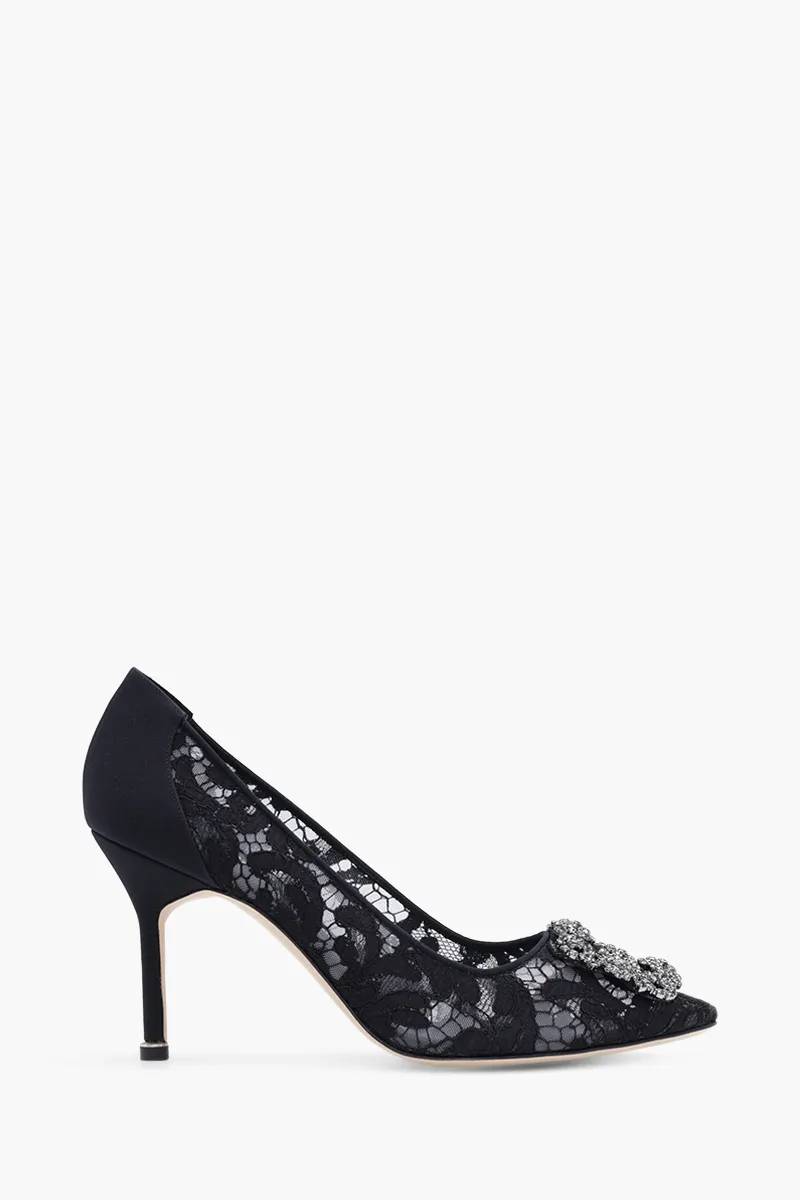 MANOLO BLAHNIK Hangisi Lace Pumps 9cm in Black with Dark Crystal 0