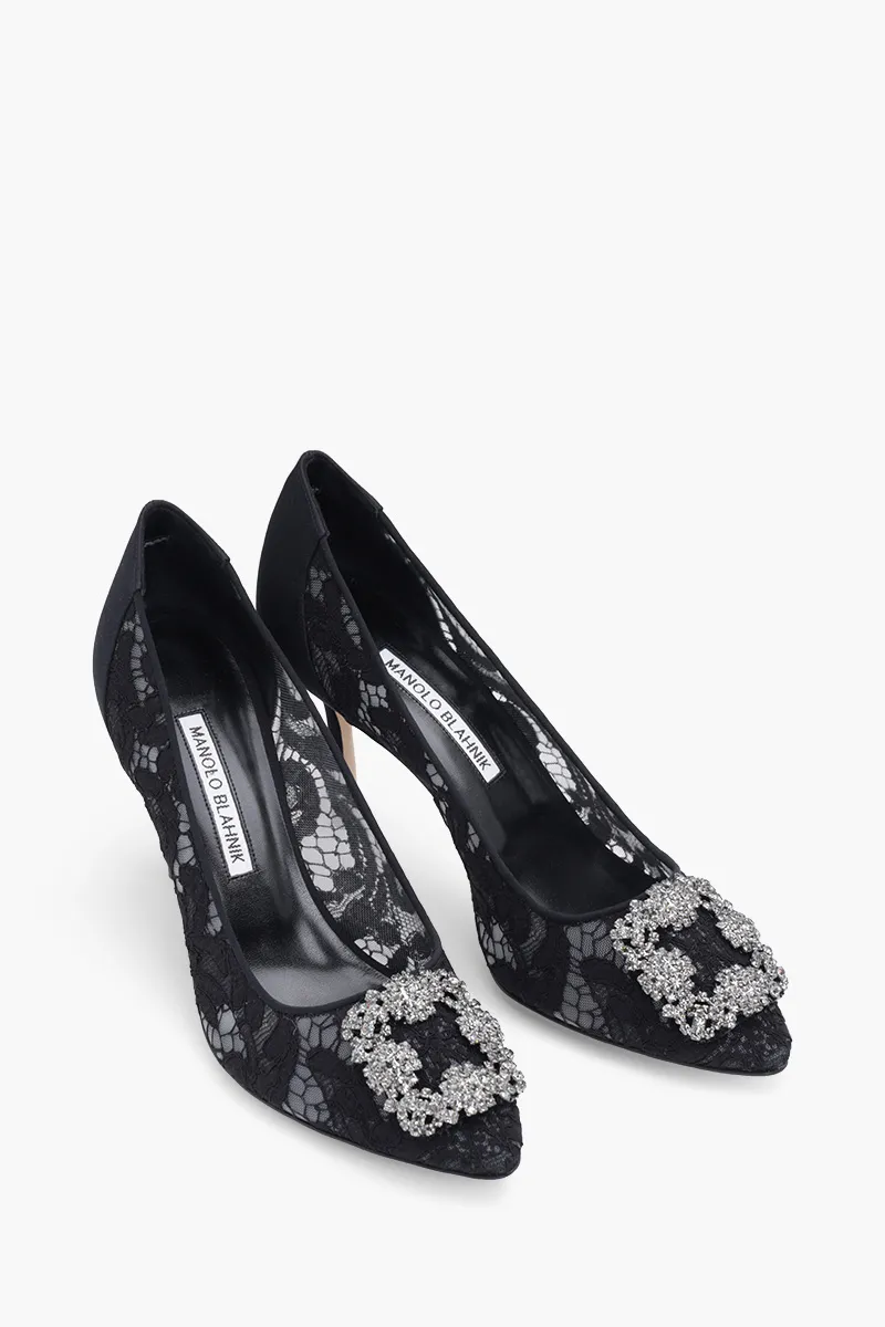 MANOLO BLAHNIK Hangisi Lace Pumps 9cm in Black with Dark Crystal 1