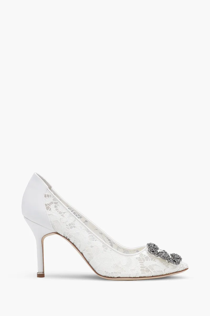 MANOLO BLAHNIK Hangisi Lace Pumps 9cm in Cream with Dark Crystal 0
