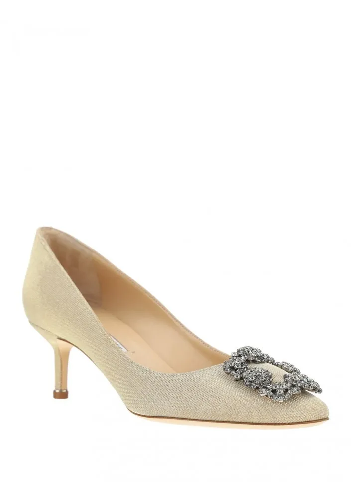 MANOLO BLAHNIK Hangisi 5cm Pumps in Beige Glittered with Dark Crystal 1