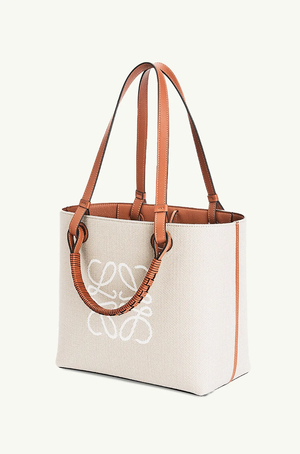 LOEWE Small Anagram Tote Bag in Ecru/Tan Jacquard and Calfskin 2