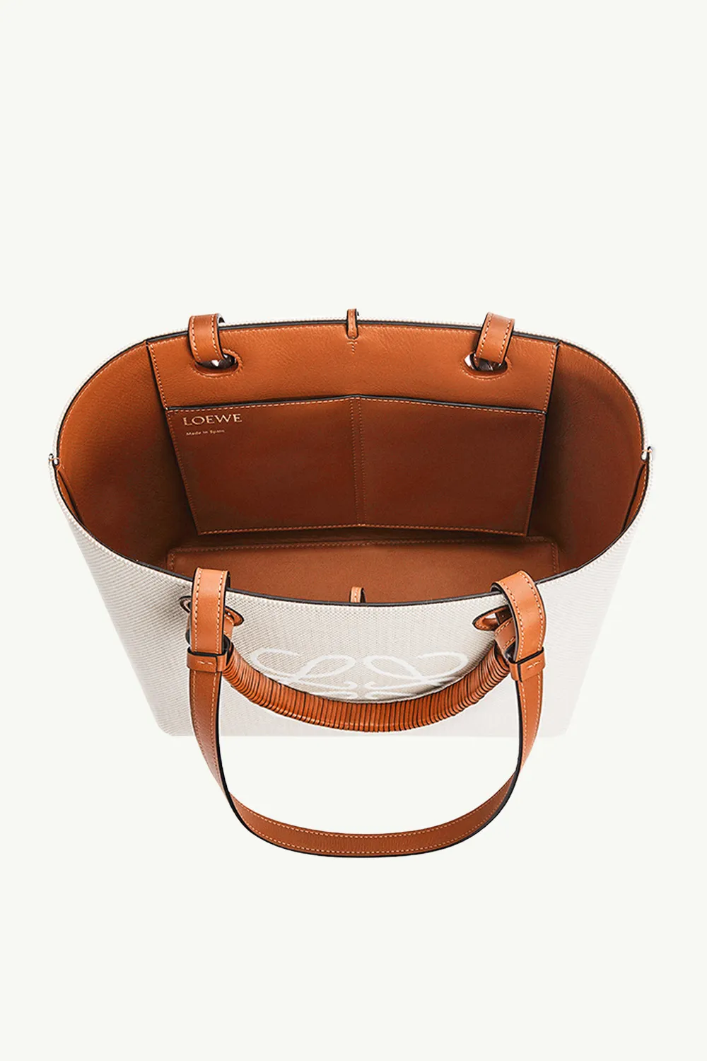 LOEWE Small Anagram Tote Bag in Ecru/Tan Jacquard and Calfskin 3