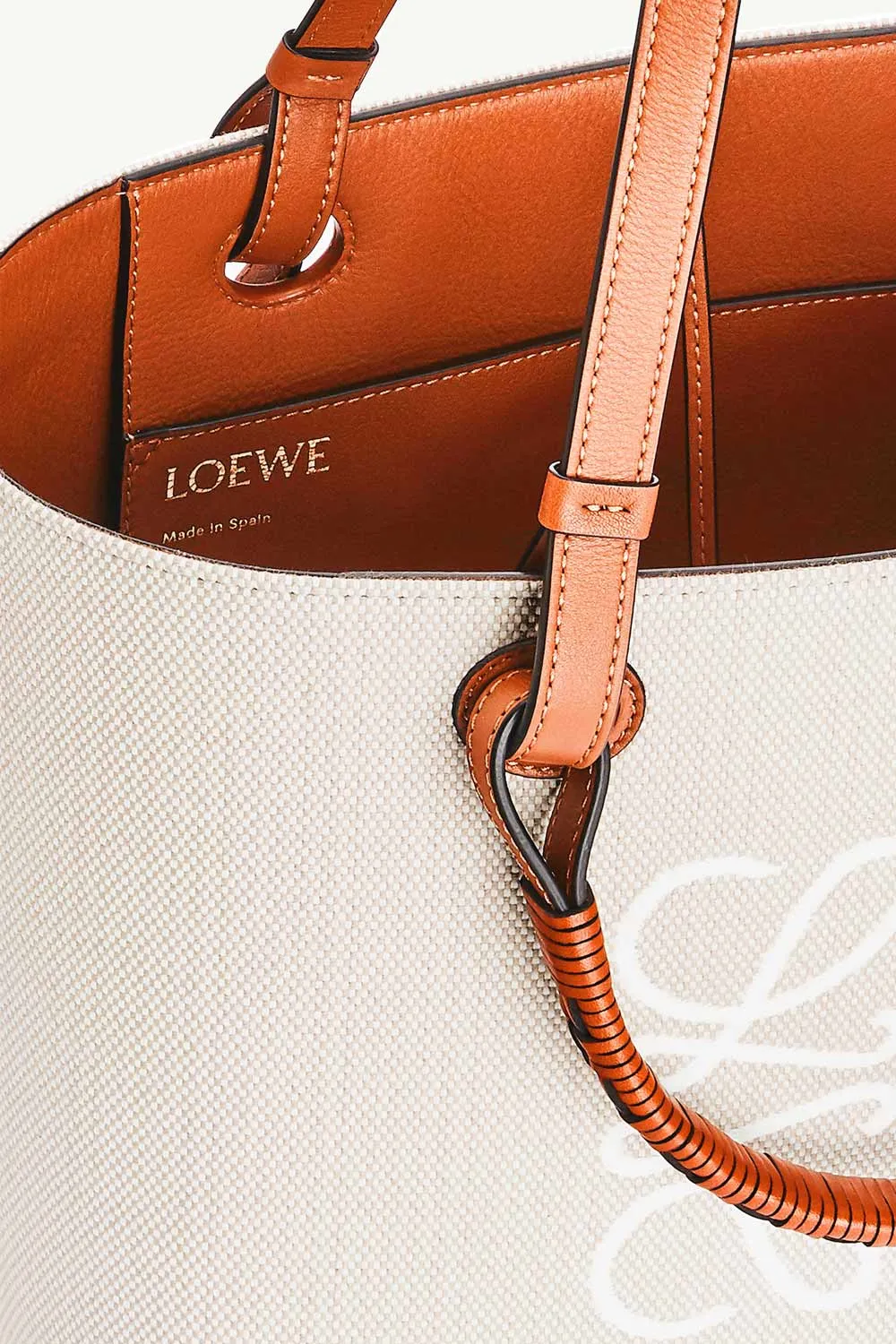 LOEWE Small Anagram Tote Bag in Ecru/Tan Jacquard and Calfskin 4