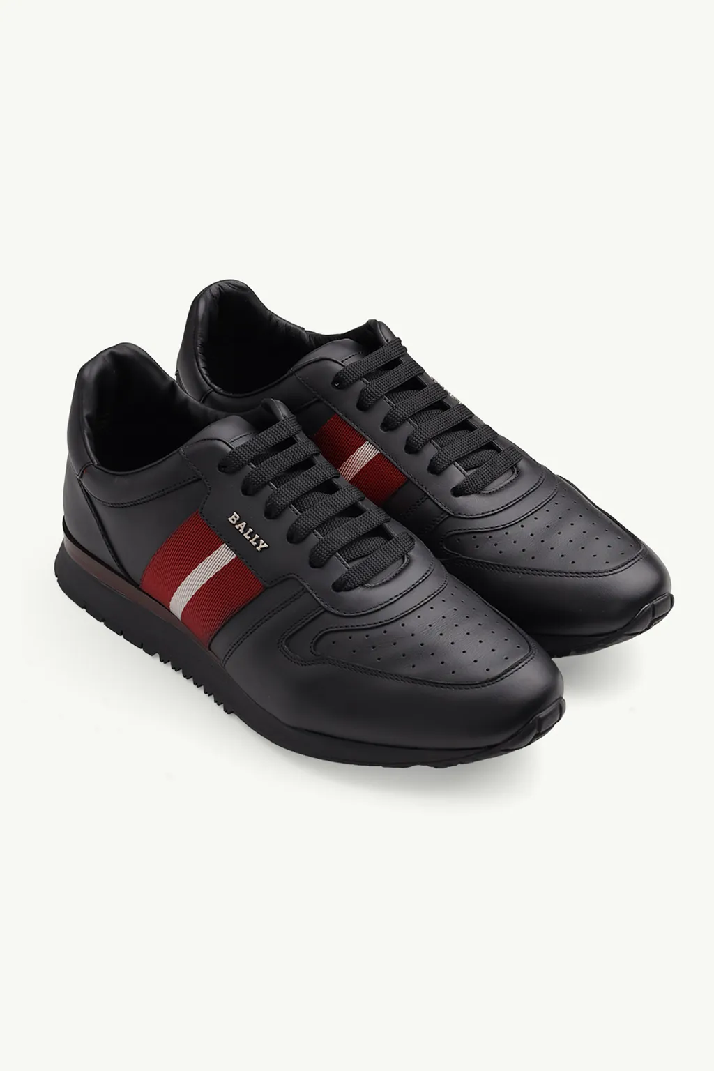 BALLY Men Astel Sneakers in Black Calf Leather with Red/White Stripe 1