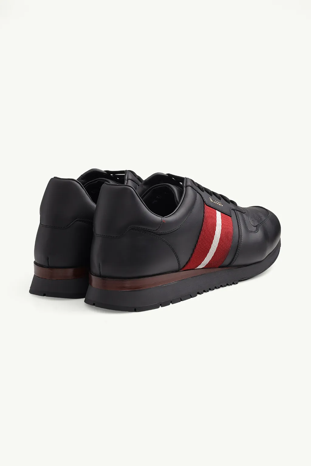 BALLY Men Astel Sneakers in Black Calf Leather with Red/White Stripe 2