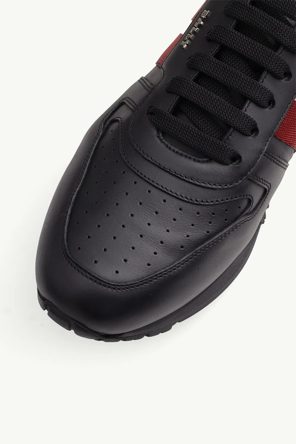BALLY Men Astel Sneakers in Black Calf Leather with Red/White Stripe 4
