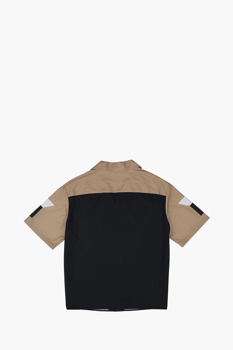 NEIL BARRETT Men Cubist Fair-Isle Colour Block Bowling Loose Fit Shirt in Black/Camel/White 1