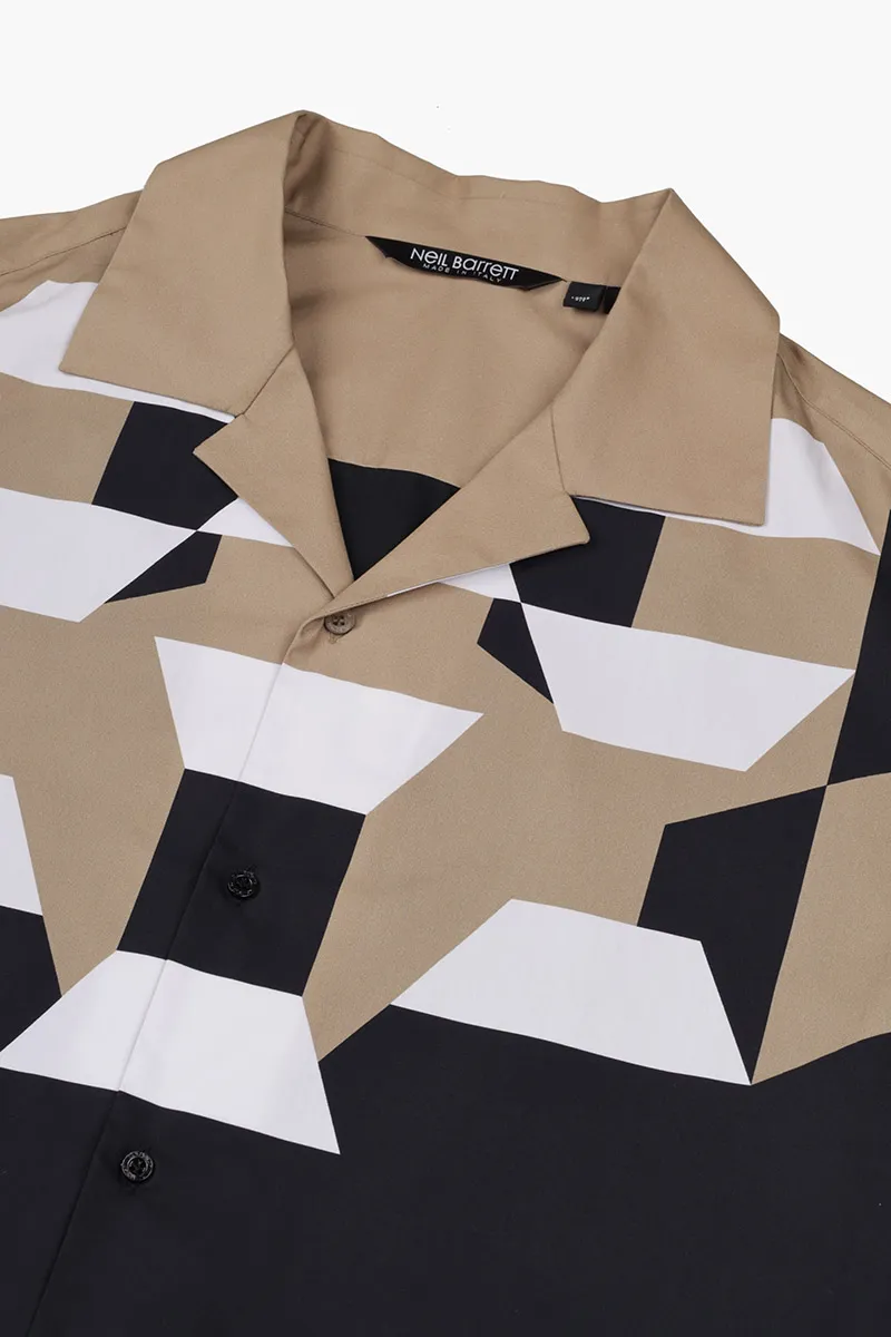 NEIL BARRETT Men Cubist Fair-Isle Colour Block Bowling Loose Fit Shirt in Black/Camel/White 2