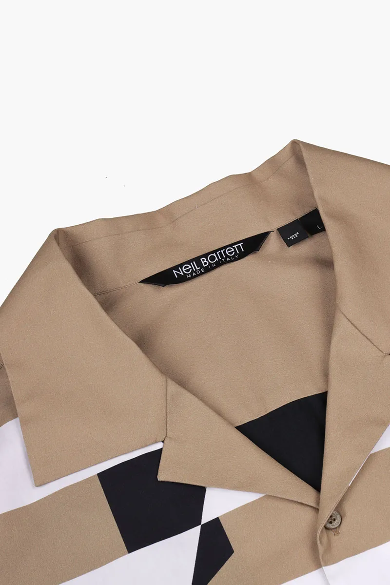 NEIL BARRETT Men Cubist Fair-Isle Colour Block Bowling Loose Fit Shirt in Black/Camel/White 3