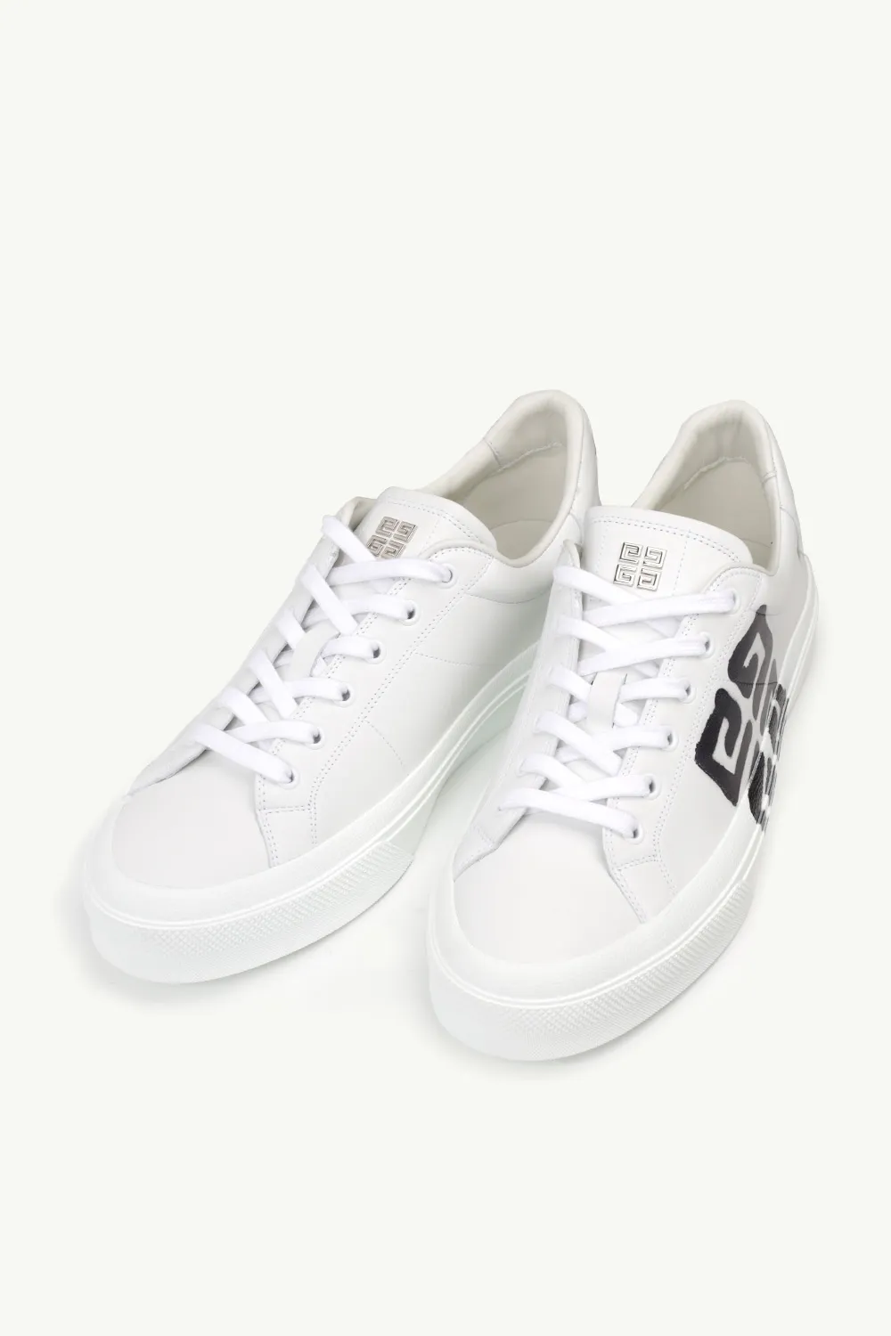 GIVENCHY X CHITO Men City Sport Sneakers in White/Black Smooth Leather with Tag-Effect 4G Print 1