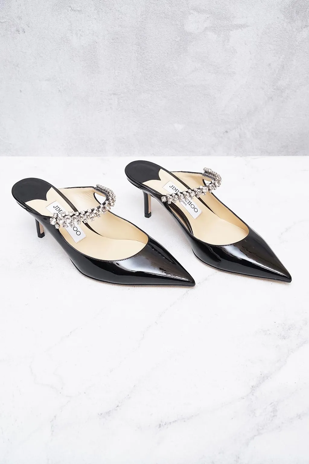 JIMMY CHOO Bing Mules 65mm in Black Patent with Crystal Strap 0