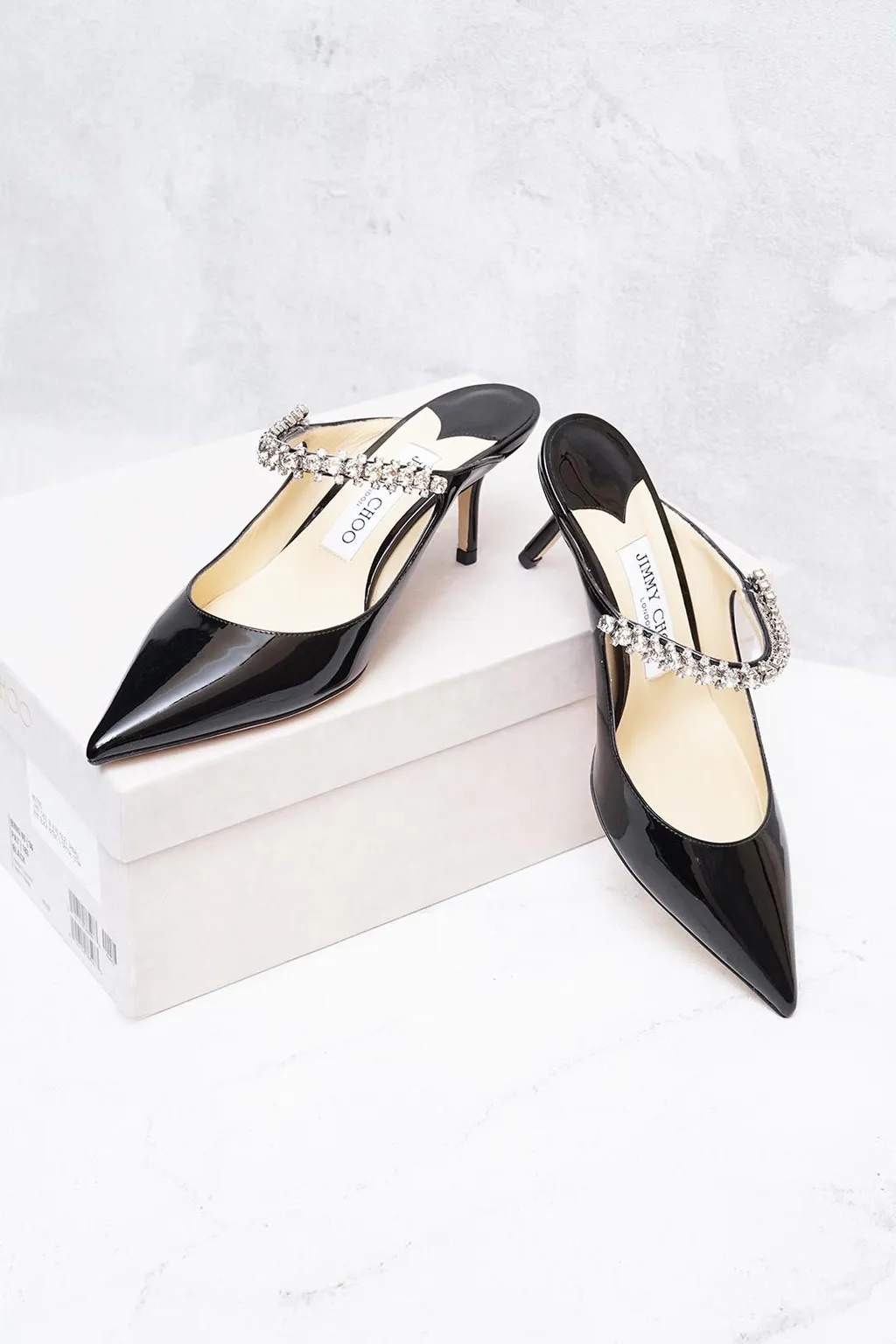 JIMMY CHOO Bing Mules 65mm in Black Patent with Crystal Strap 2