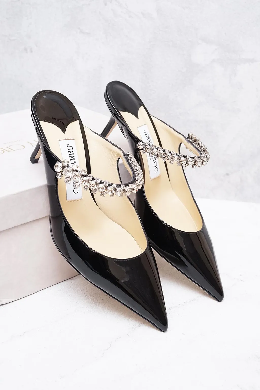 JIMMY CHOO Bing Mules 65mm in Black Patent with Crystal Strap 3