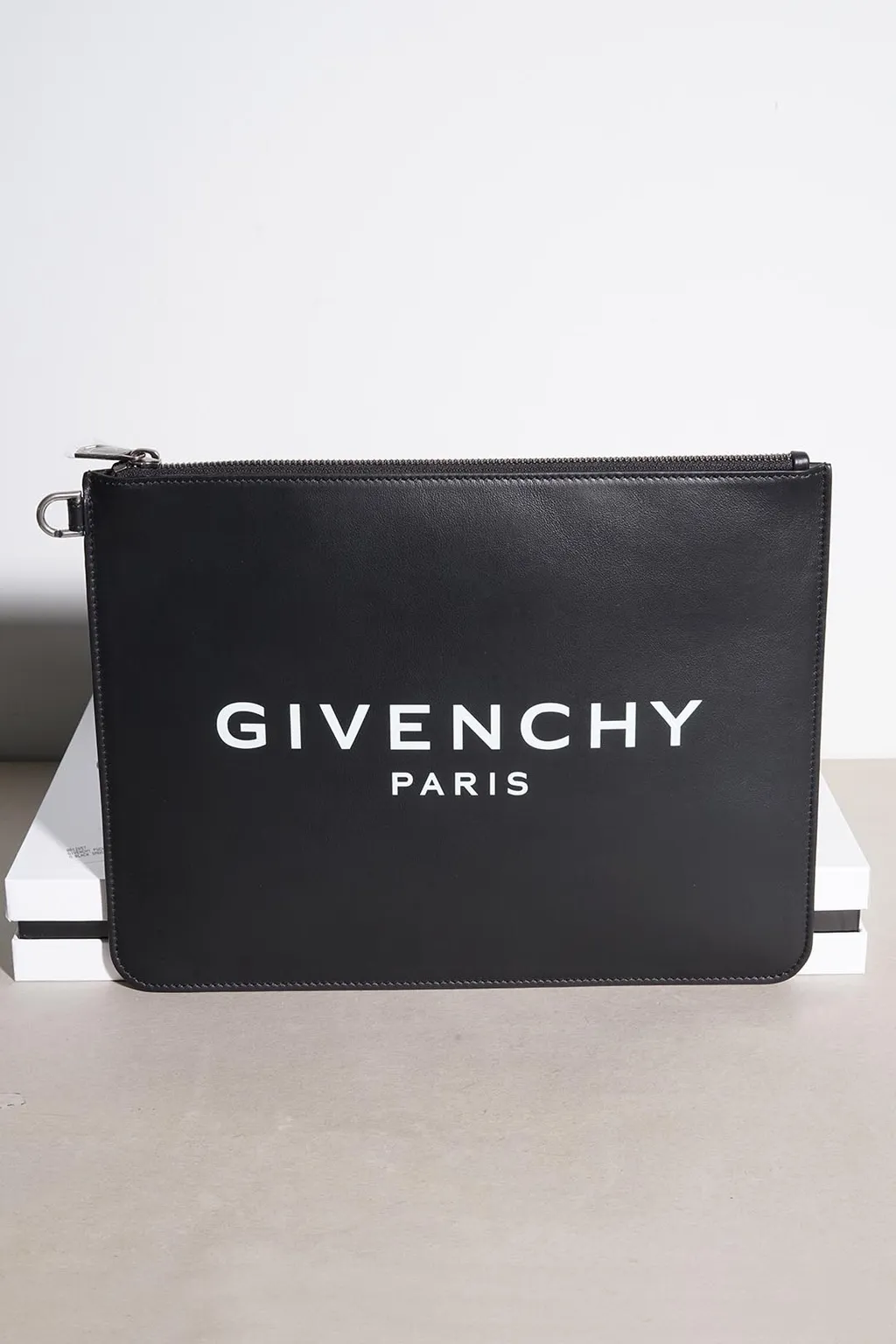GIVENCHY Large Paris Logo Print Pochette in Black Leather 0