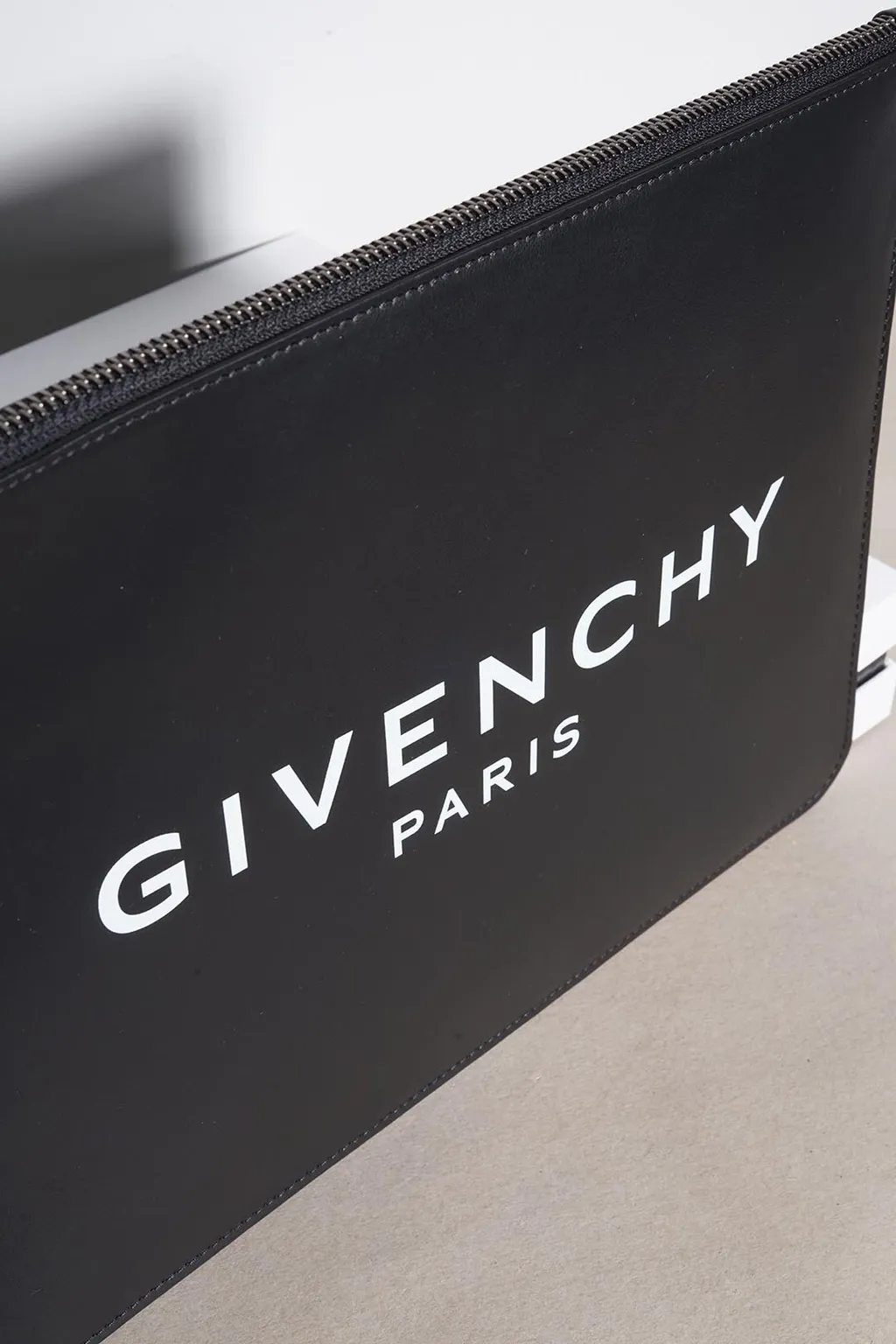 GIVENCHY Large Paris Logo Print Pochette in Black Leather 1
