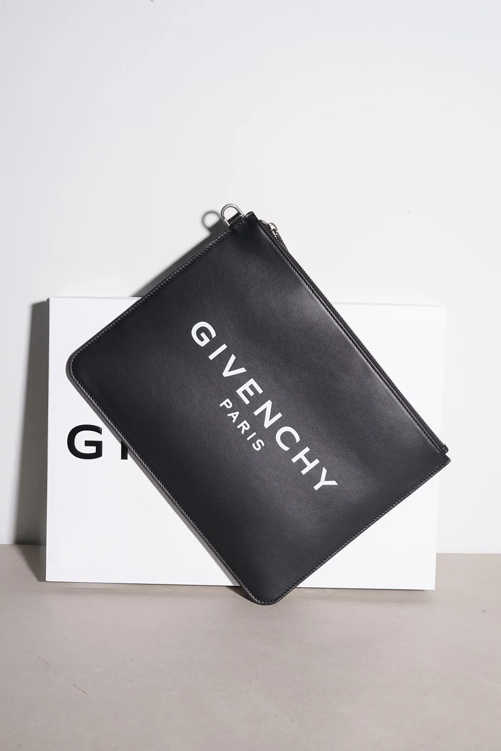 GIVENCHY Large Paris Logo Print Pochette in Black Leather 3