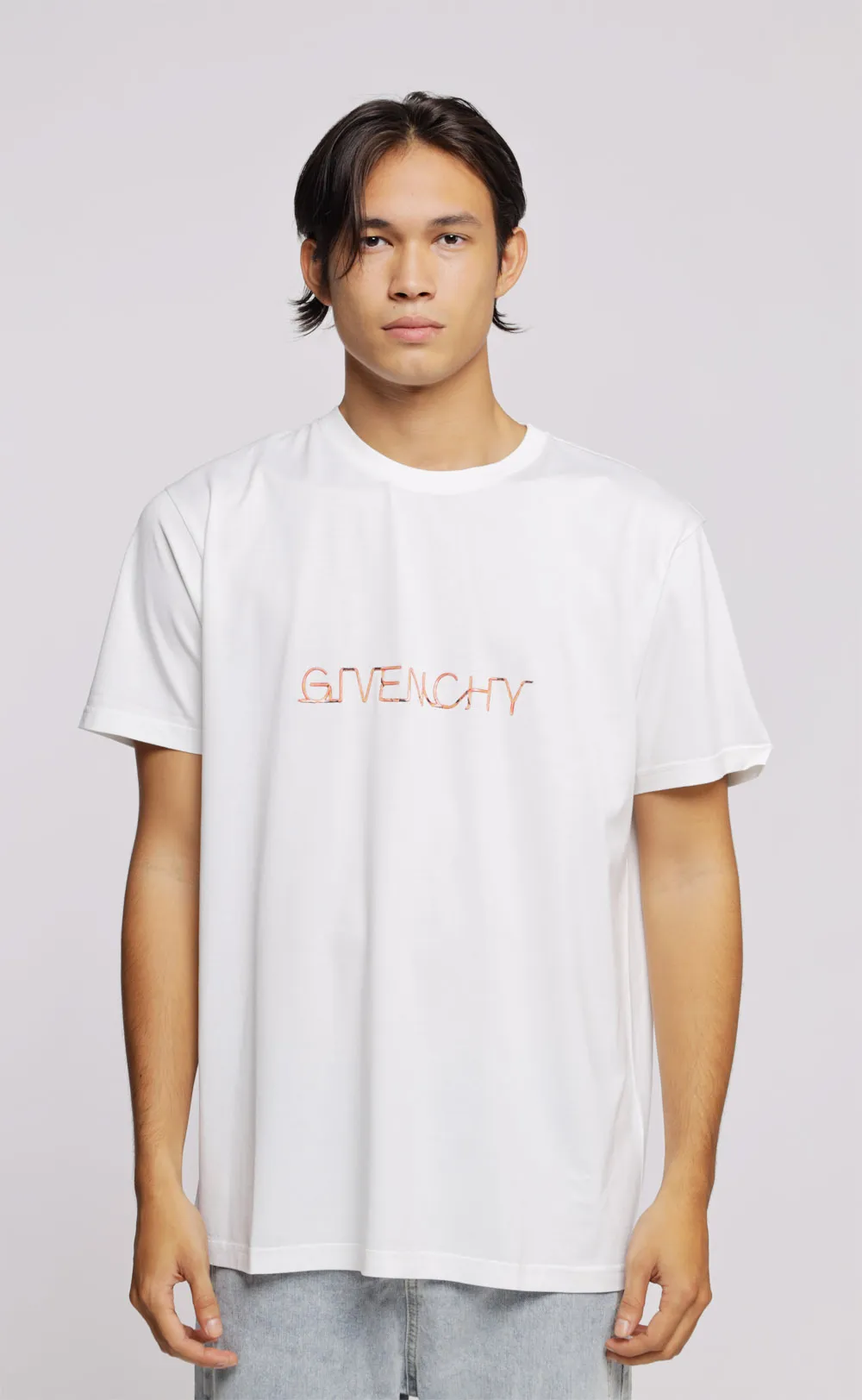 GIVENCHY Men Neon Light Signature Printed Logo T-Shirt in White 4