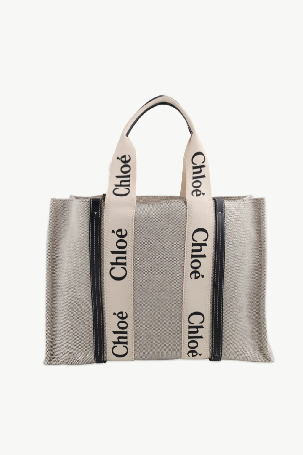 CHLOE Large Woody Tote Bag in White/Full Blue Cotton Canvas x Shiny Calfskin with Woody Ribbon 0