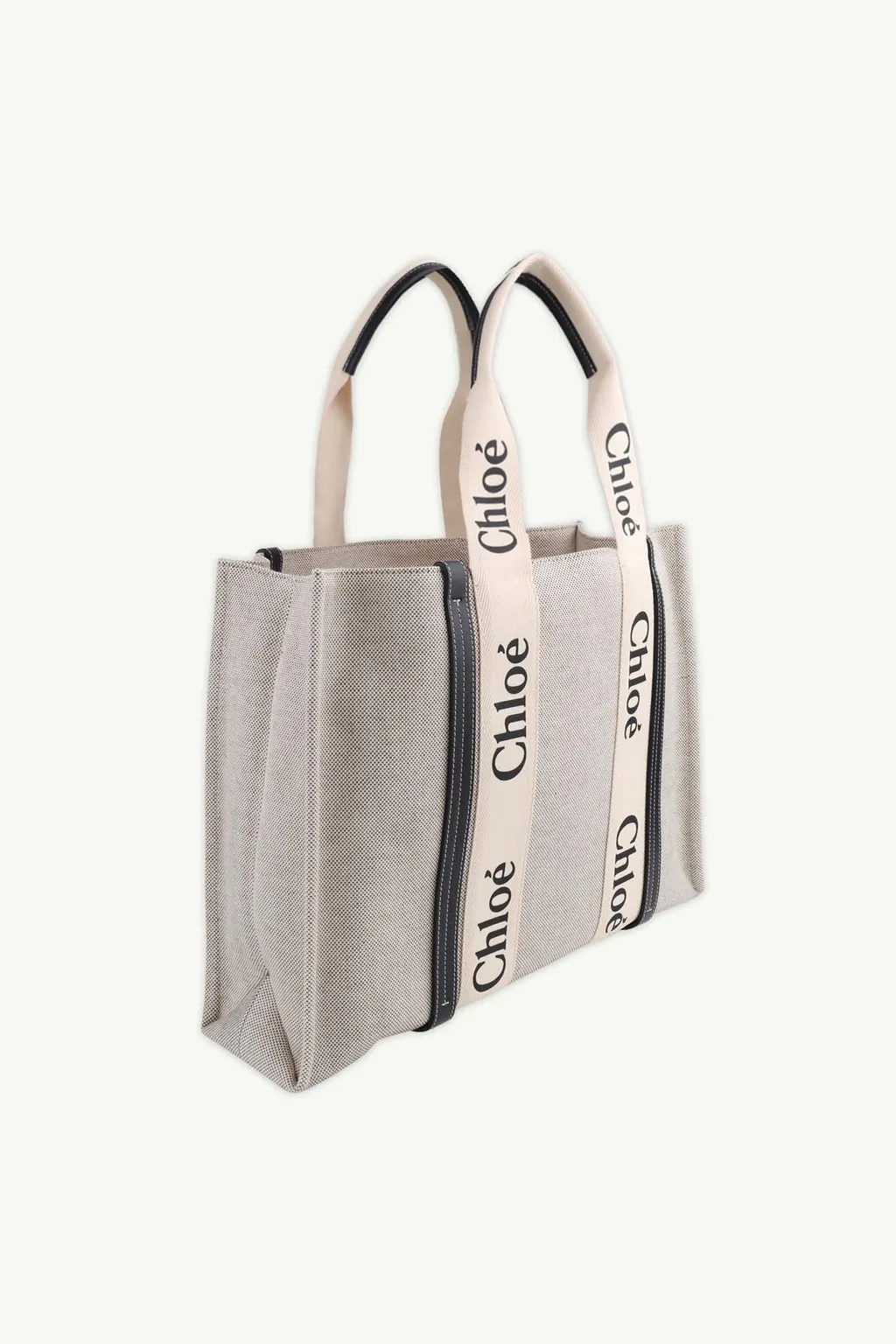 CHLOE Large Woody Tote Bag in White/Full Blue Cotton Canvas x Shiny Calfskin with Woody Ribbon 1