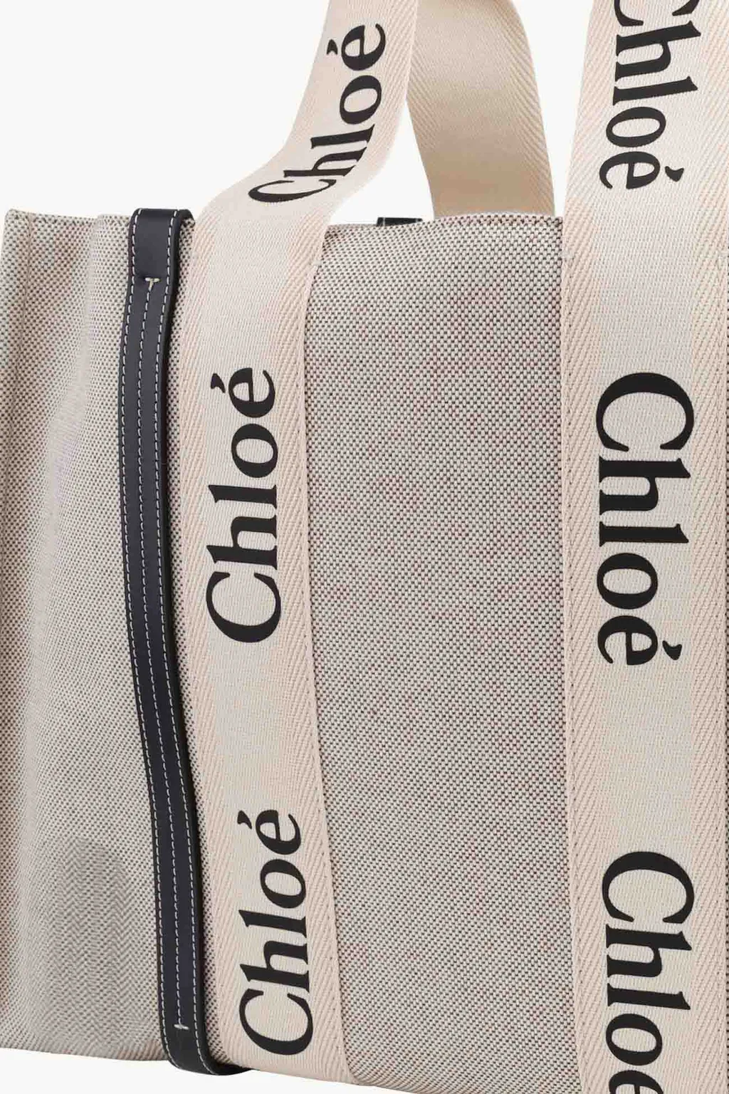 CHLOE Large Woody Tote Bag in White/Full Blue Cotton Canvas x Shiny Calfskin with Woody Ribbon 2