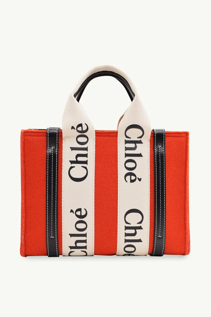 CHLOE Small Woody Tote Bag in Flame Orange Recycled Felt & Shiny Calfskin with Woody Ribbon 1