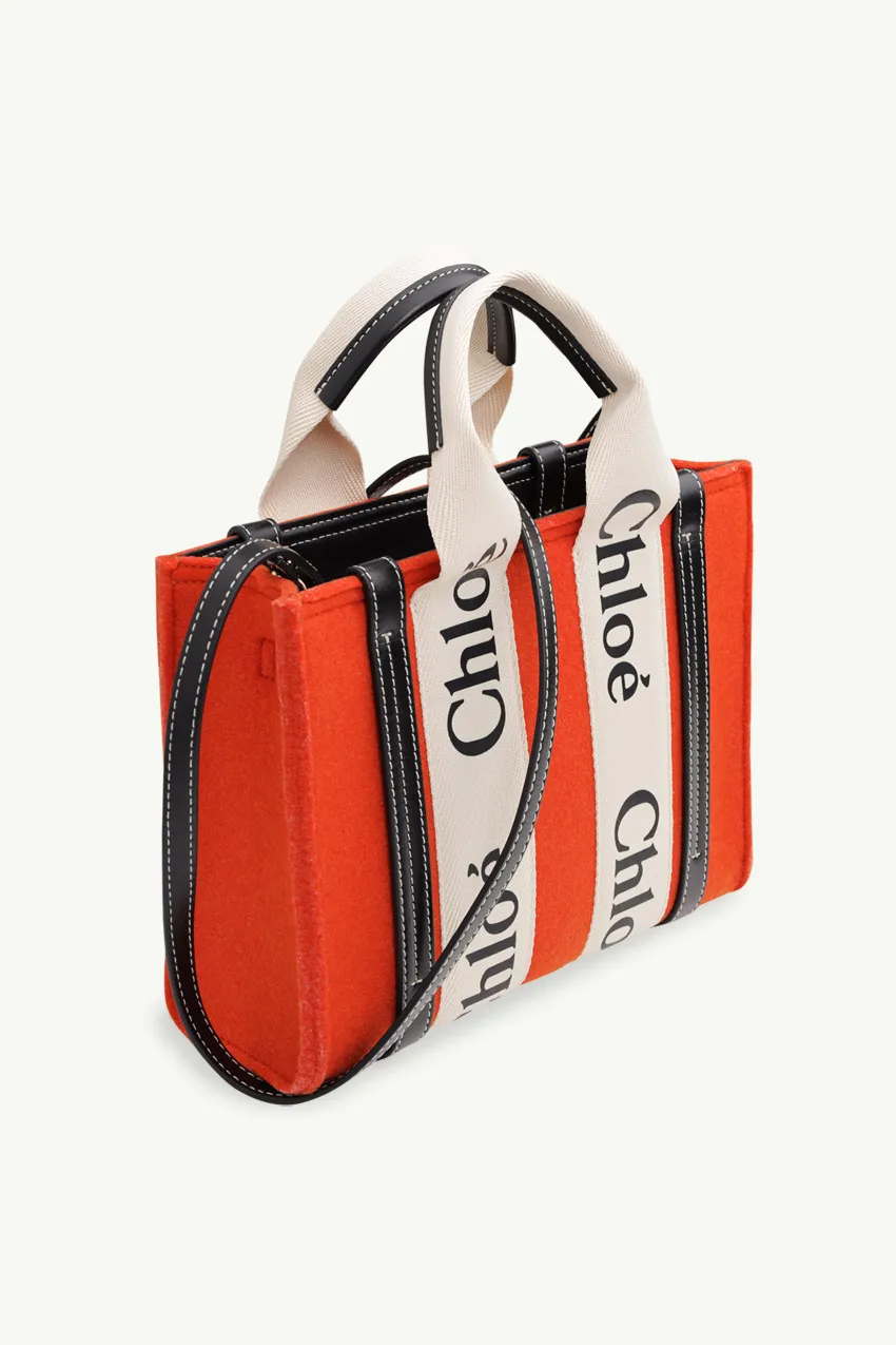 CHLOE Small Woody Tote Bag in Flame Orange Recycled Felt & Shiny Calfskin with Woody Ribbon 2