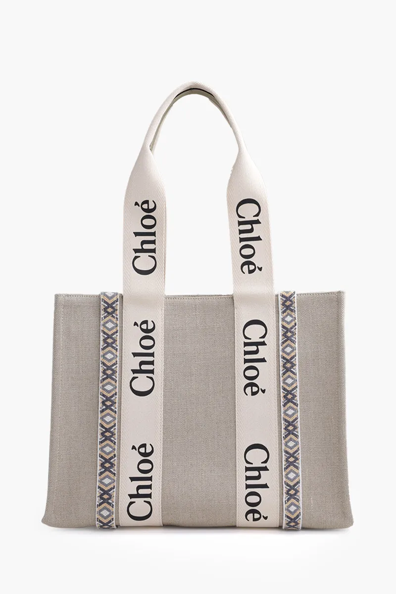 CHLOE Medium Woody Tote Bag in Slate Green Linen x Shiny Calfskin with Handmade Ribbon 0