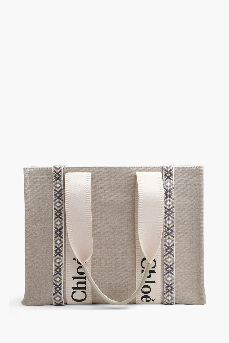 CHLOE Medium Woody Tote Bag in Slate Green Linen x Shiny Calfskin with Handmade Ribbon 1