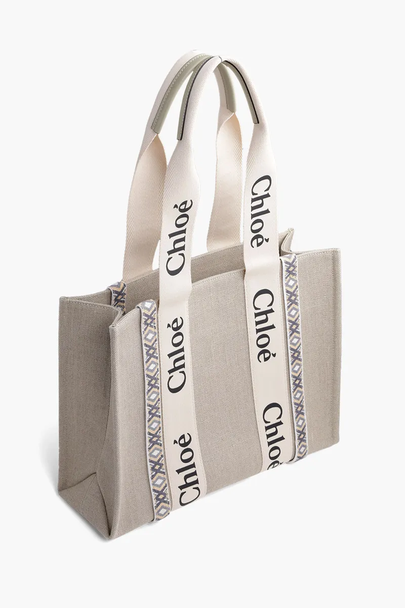 CHLOE Medium Woody Tote Bag in Slate Green Linen x Shiny Calfskin with Handmade Ribbon 2