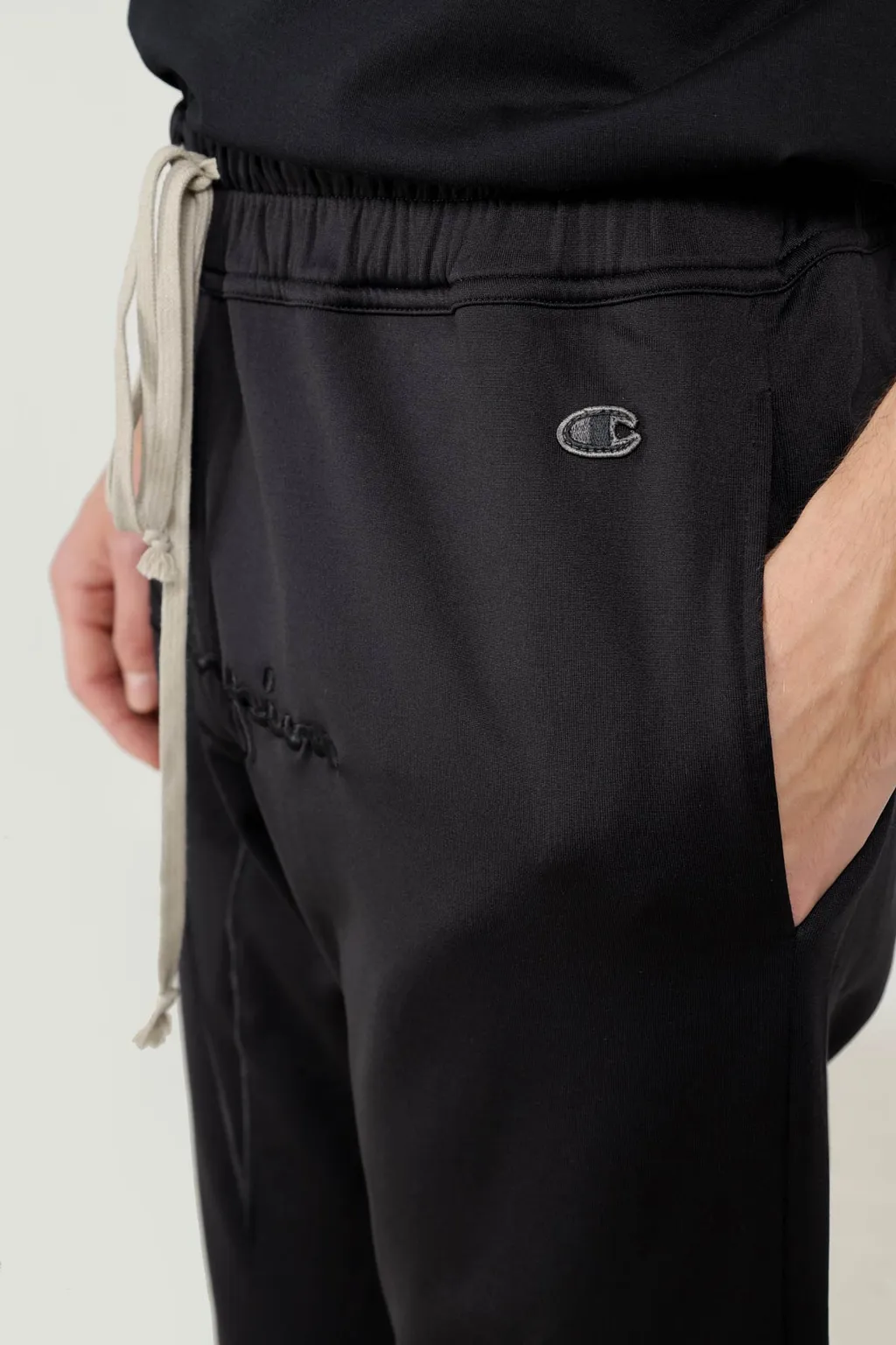 RICK OWENS x CHAMPION Men Embroidered Logo Trousers in Black 4
